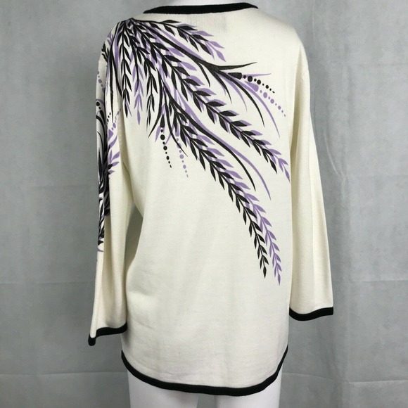 Bob Mackie Cardigan Women Sz S Cotton Blend White Purple Floral Full Zip Sweater - Picture 4 of 10